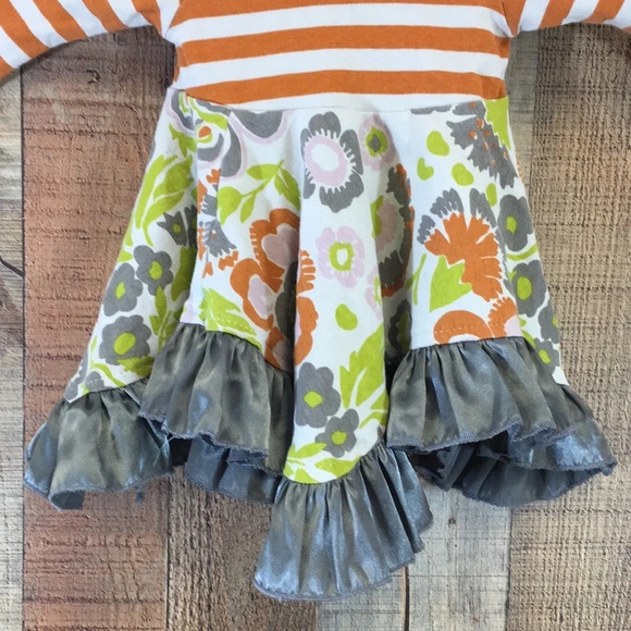 Giggle Moon Orange Gray Striped Floral Ruffle Dress Baby 6M Long Sleeve - Picture 8 of 11